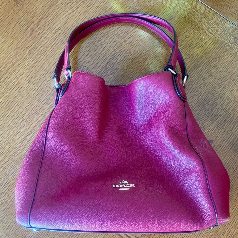 Coach Edie Turnlock Red Berry Pebbled Leather Shoulder Bag - Picture 12 of 12